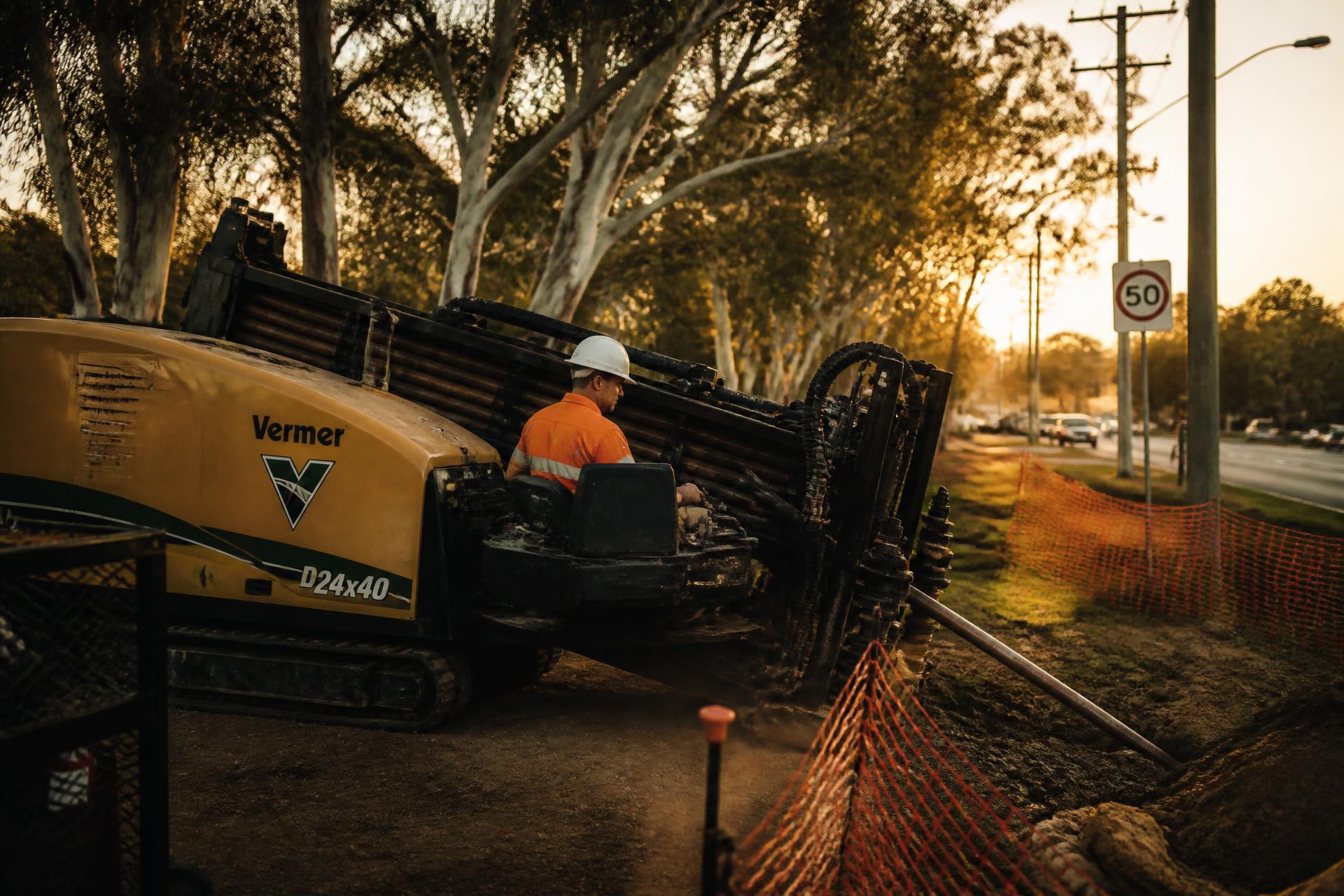 Horizontal directional drilling rig operating on an Australian road verge at dusk